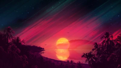 Lever de soleil synthwave vibrant sur un horizon serein