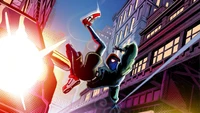 Miles Morales swings through a vibrant cityscape in "Spider-Man: Into the Spider-Verse.