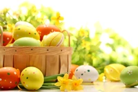 Colorful Easter eggs in a wooden basket surrounded by vibrant flowers and lush greenery.