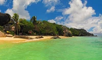 Serene tropical beach on La Digue with lush vegetation, rocky formations, and crystal-clear waters under a vibrant sky.