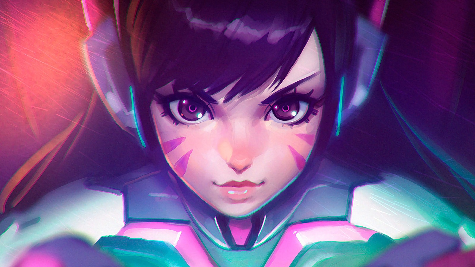 A close up of a girl with a futuristic look on her face (dva, overwatch, video game)