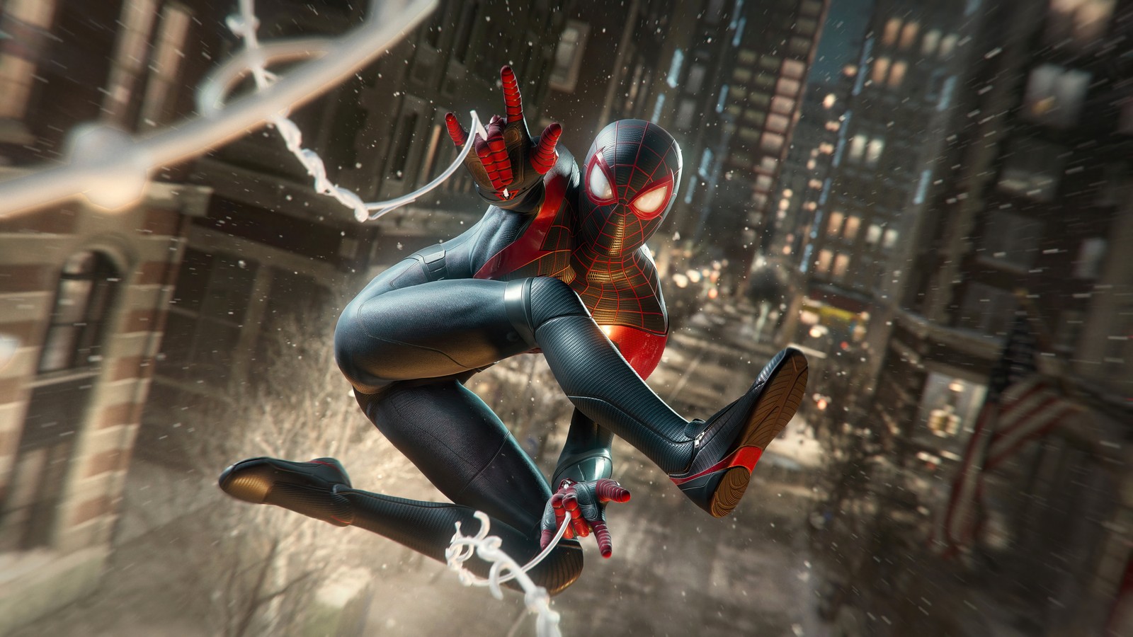 Spider-man saute dans les airs dans une ville (marvels spider man miles morales, insomniac, playstation 5, jeu vidéo, tir web)