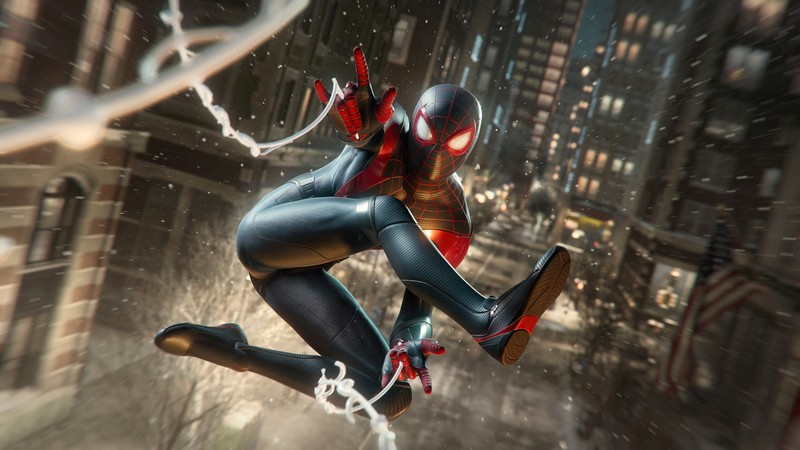 Человек-паук прыгает через город (marvels spider man miles morales, инсомниак, playstation 5, видеоигра, веб стрельба)