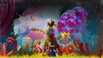 A vibrant, alien landscape filled with oversized plants and whimsical creatures, showcasing a colorful character in a spacesuit, ready to explore.