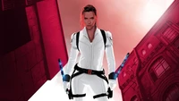 Natasha Romanoff in a striking white suit, wielding energy weapons against a vibrant magenta backdrop, merging street fashion with superhero prowess.