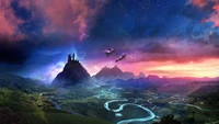 dream, flying together, mountains, evening, dusk wallpaper