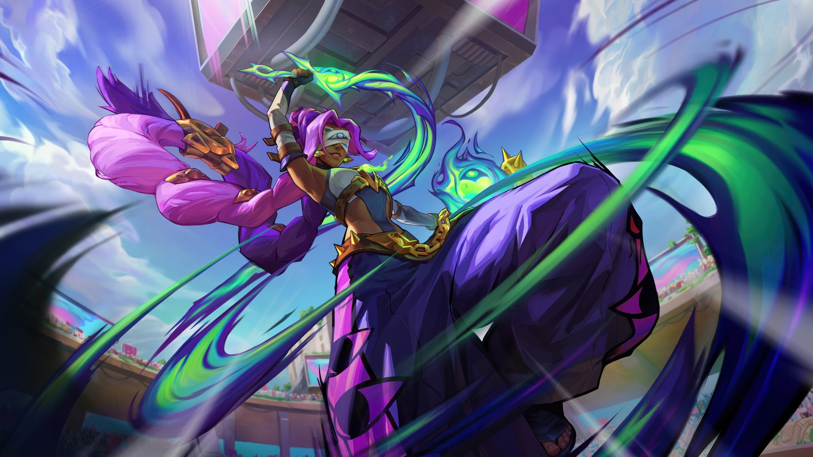 A woman in a purple outfit holding a purple and green sword (soul fighter, nilah, lol, league of legends, video game)