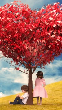 clouds, field, heart, kids, love wallpaper