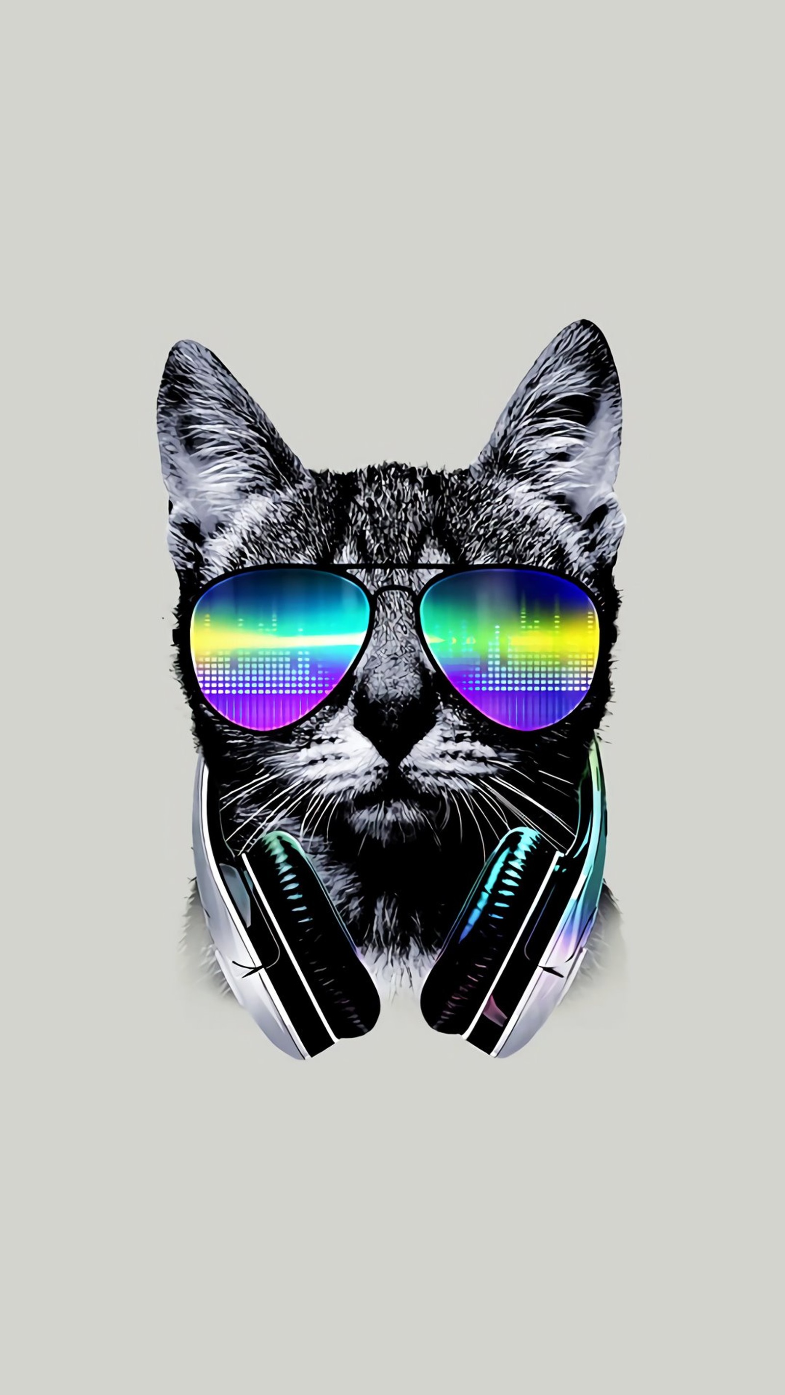 There is a cat wearing headphones and sunglasses with a pair of sunglasses on (android, animal, apple, cat, crazy)