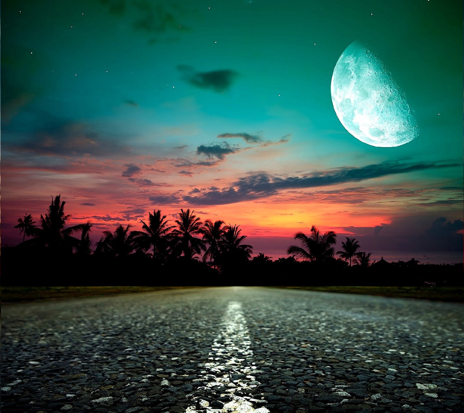 A close up of a road with a moon in the sky (nature)