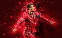 Cristiano Ronaldo in a dynamic pose, celebrating in a red Portugal national team jersey against a vibrant background.