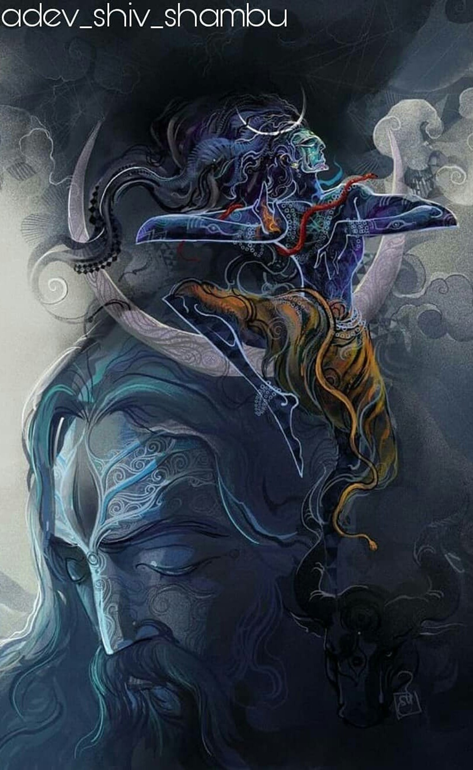 Uma pintura de um homem com uma espada e um crânio (senhor shiva, lord shiva, mahadev shivshankar)