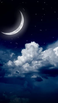 Crescent Moon Illuminating Starry Night Clouds