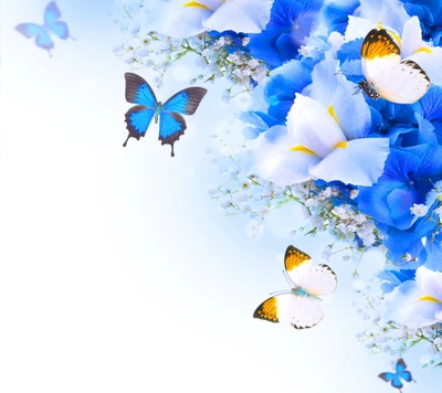 Encantadoras flores azules con mariposas graciosas