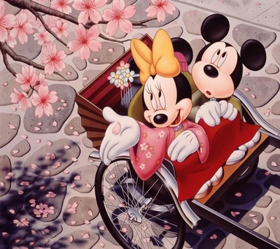 Mickey e Minnie Mouse em um charmoso riquixá cercado por flores de cerejeira.