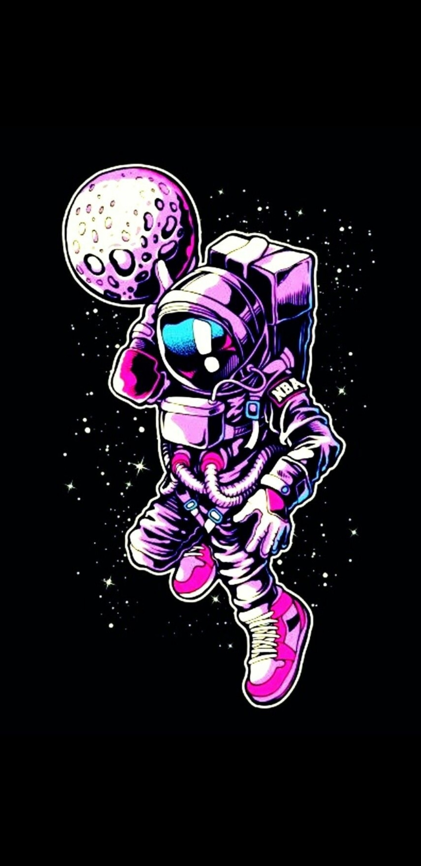 A cartoon astronaut with a moon in his hand (colour, colourful, drawing, space, space man)