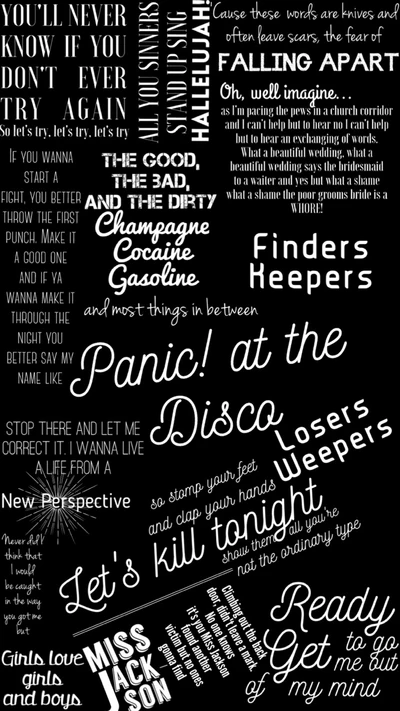 Songtexte und Titel von Panic! at the Disco in einem dynamischen, typografischen Design angeordnet.