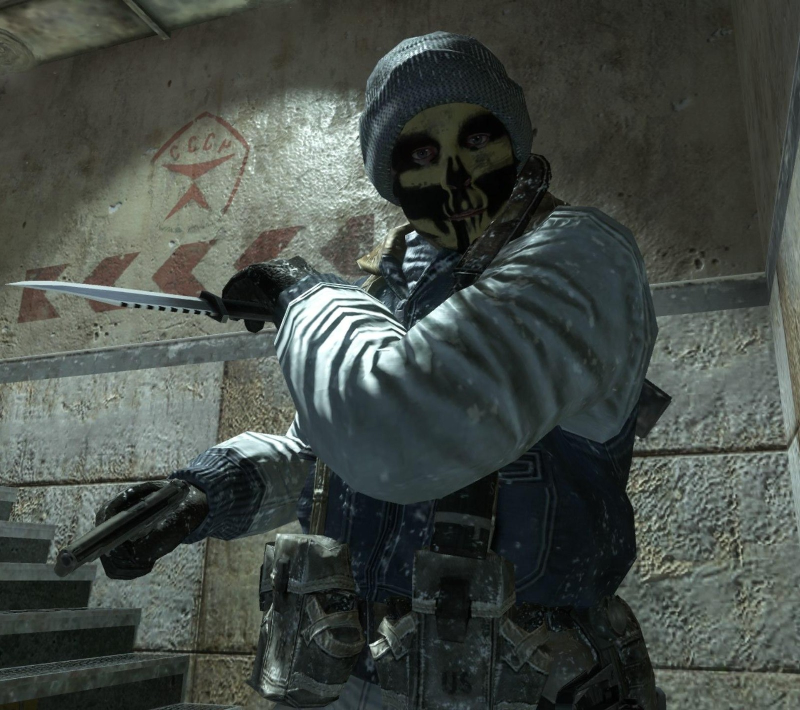 There is a man with a knife in his hand holding a gun (call of duty black ops, cod)