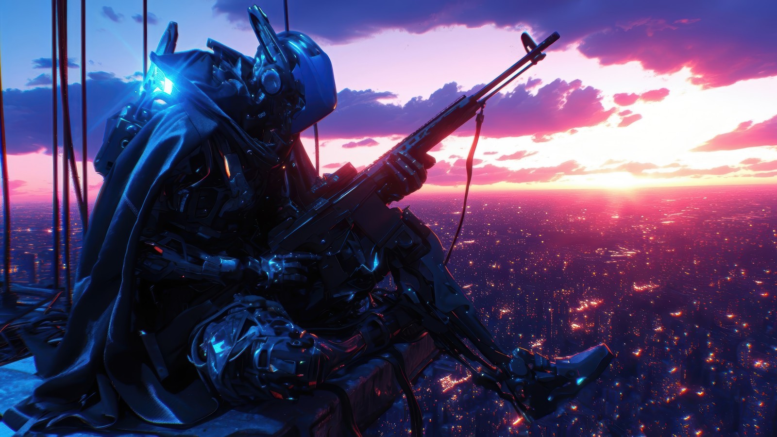 Un homme en armure assis sur un rebord surplombant une ville au coucher du soleil (cyberpunk, robot, fusil, arme, science fiction)