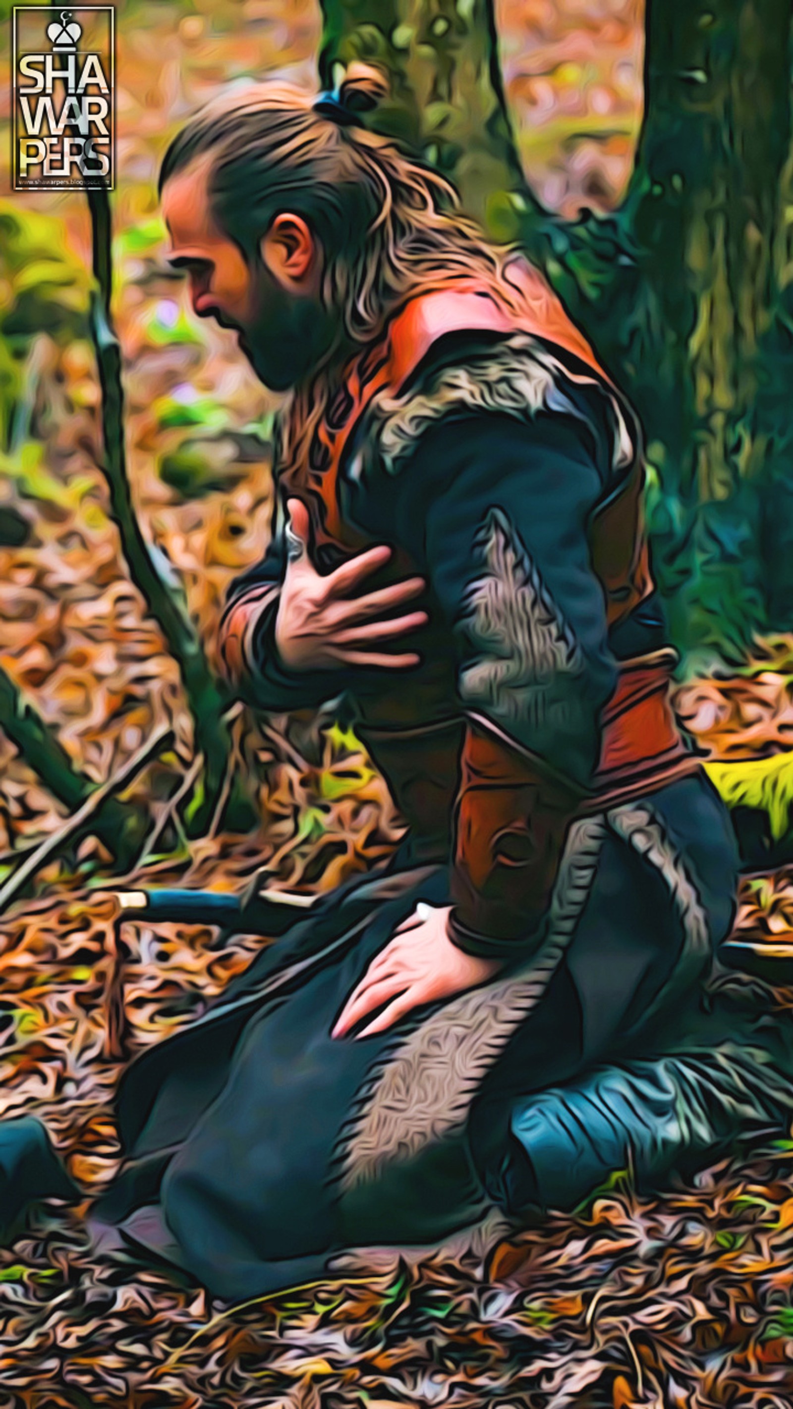 There is a man kneeling down in the woods with a bow (dirilis, ertugrul, shawarpers)