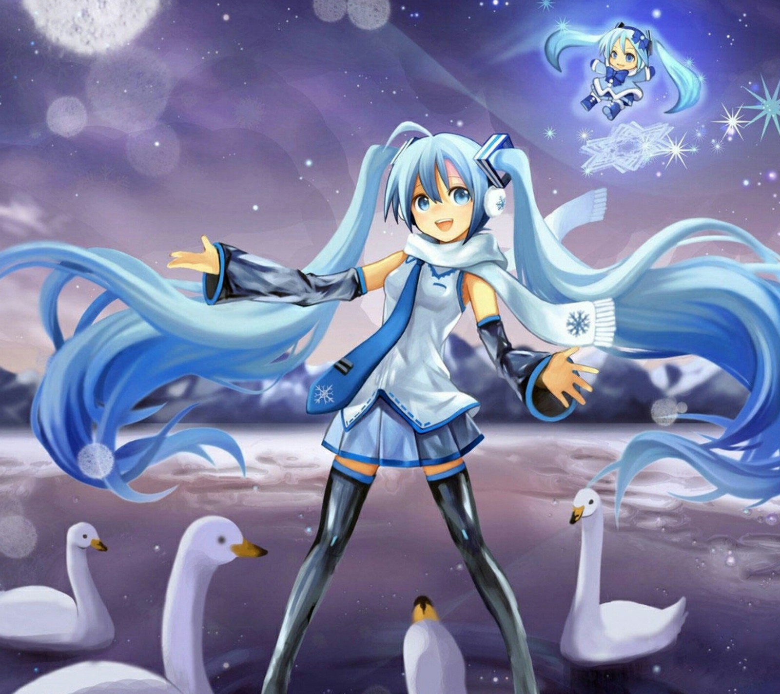 Chica de anime con cabello azul largo y vestido azul de pie frente a un grupo de gansos (anime, niña, miku)