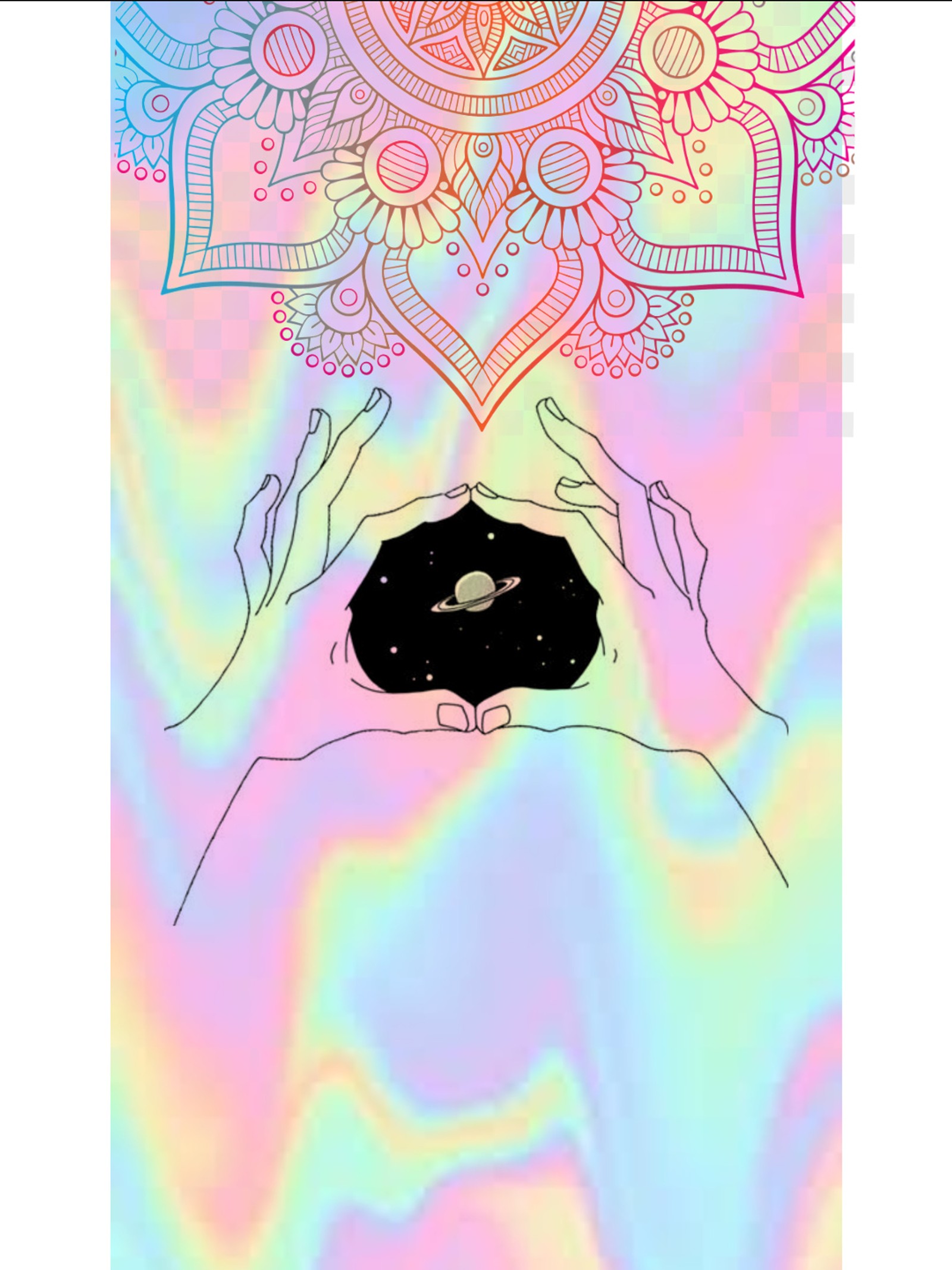 A close up of a person holding a donut with a psychedelic background (colores, mandala, manos, tumblr)