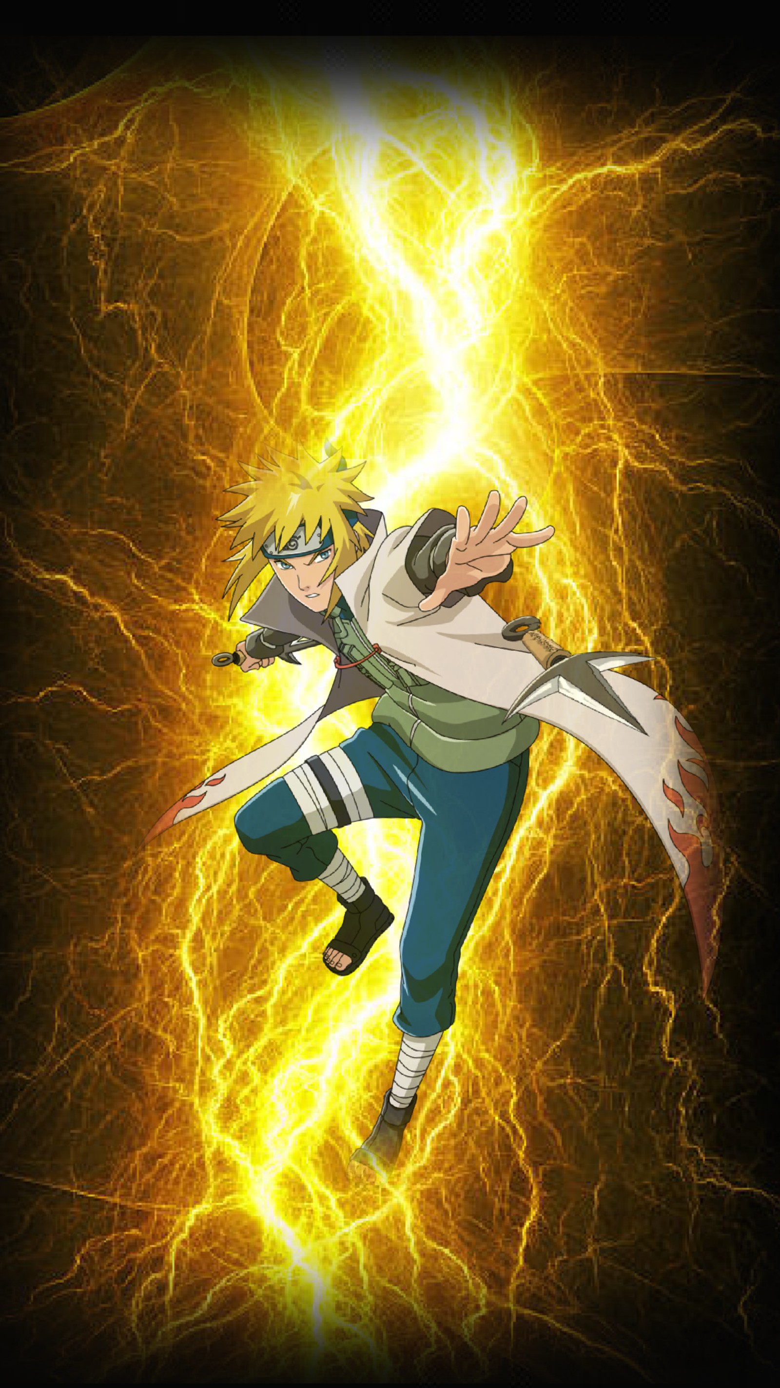 A man in a white robe is holding a sword in front of a yellow light (minato, naruto, yellow, flash)