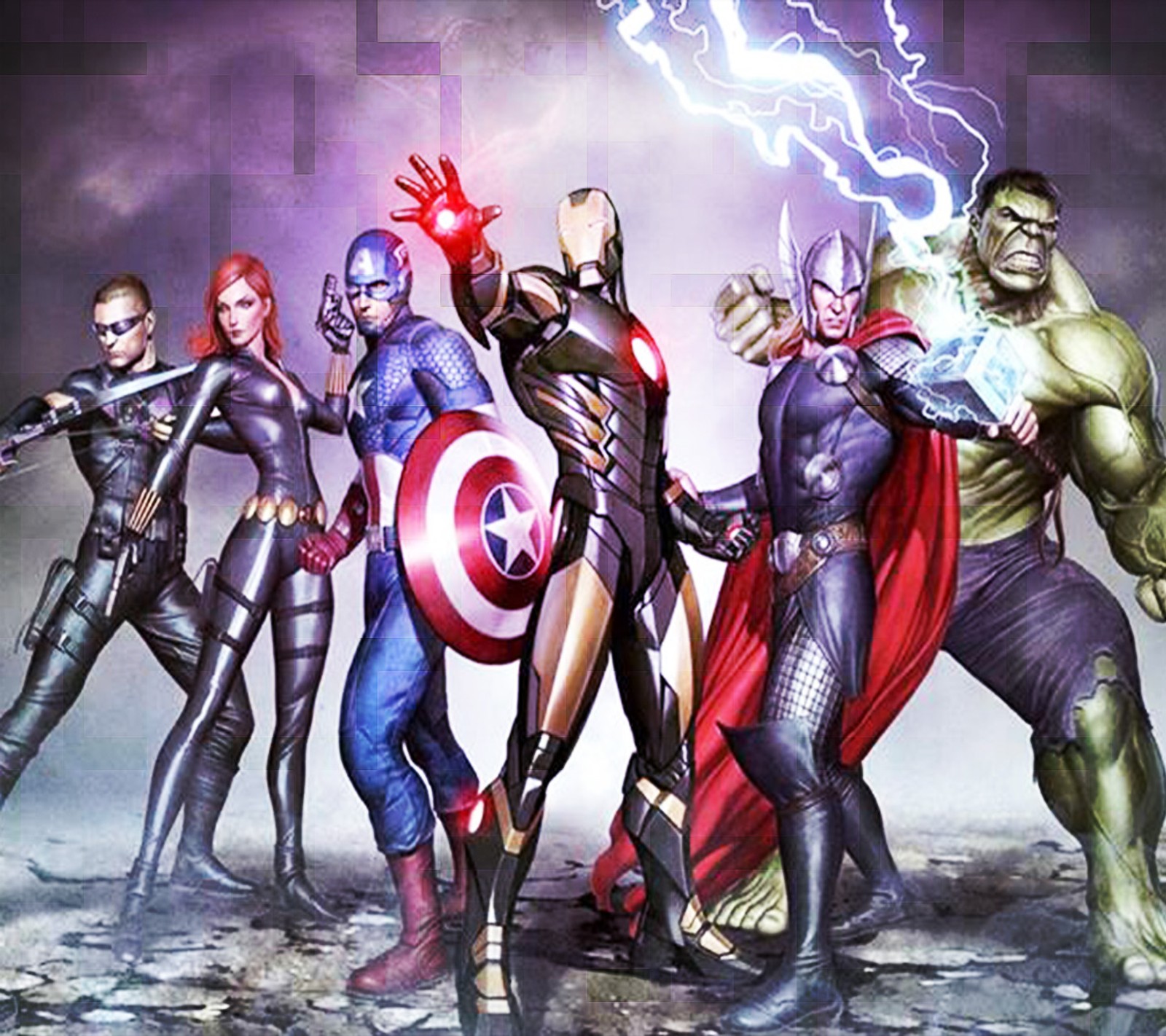 Avengers assembles in a group with their weapons and armor (avenger, avengers)