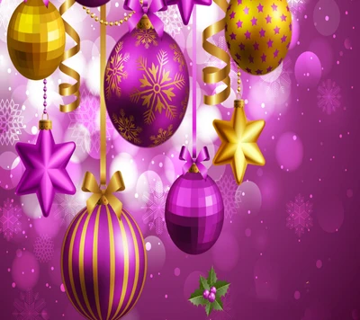 Vibrant Purple and Gold Christmas Ornaments on a Festive Background