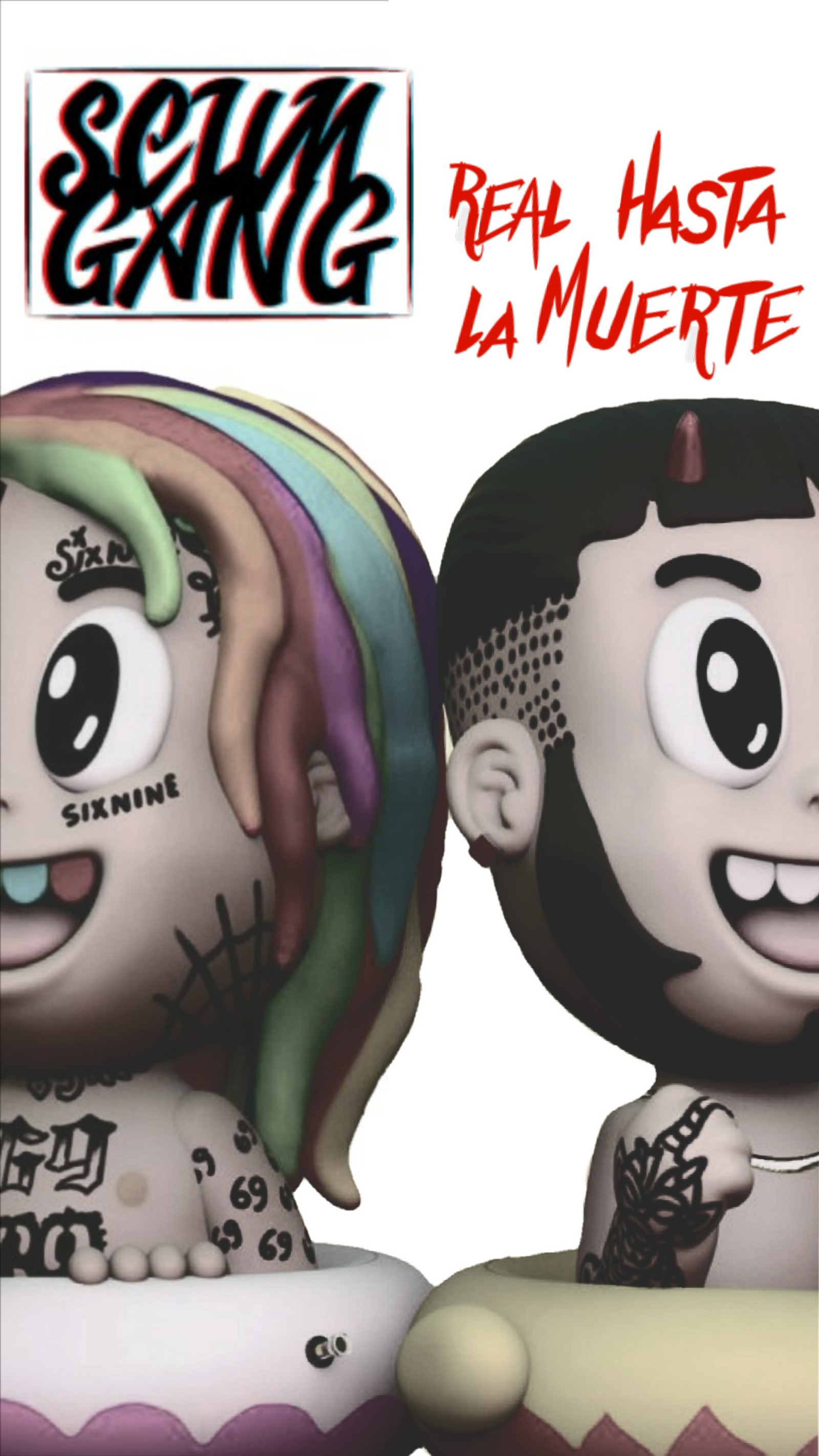 There are two cartoon figures of a man and a woman (6ix9ine, anuel, anuel aa, bebe, hasta)