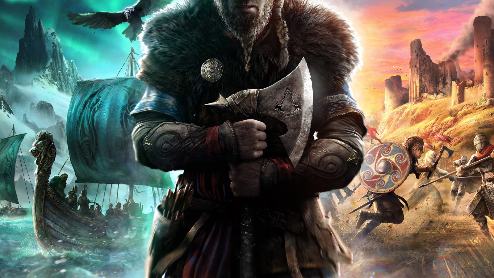 A man in a fur coat holding a sword standing in front of a group of people (assassins creed valhalla, viking, axe, video game)