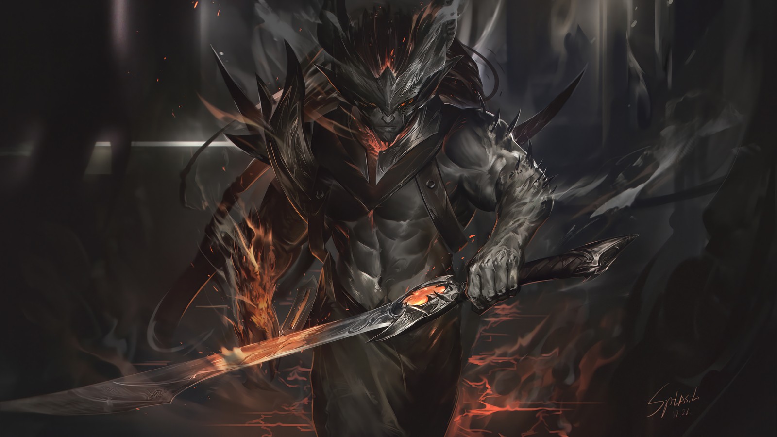 A close up of a demonic man holding a sword in a dark room (nightbringer, yasuo, lol, league of legends, video game)