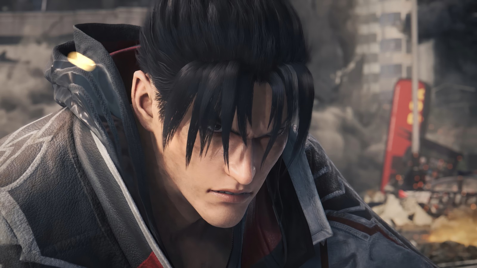 A close up of a person with a sword in a city (jin kazama, tekken 8, video game)