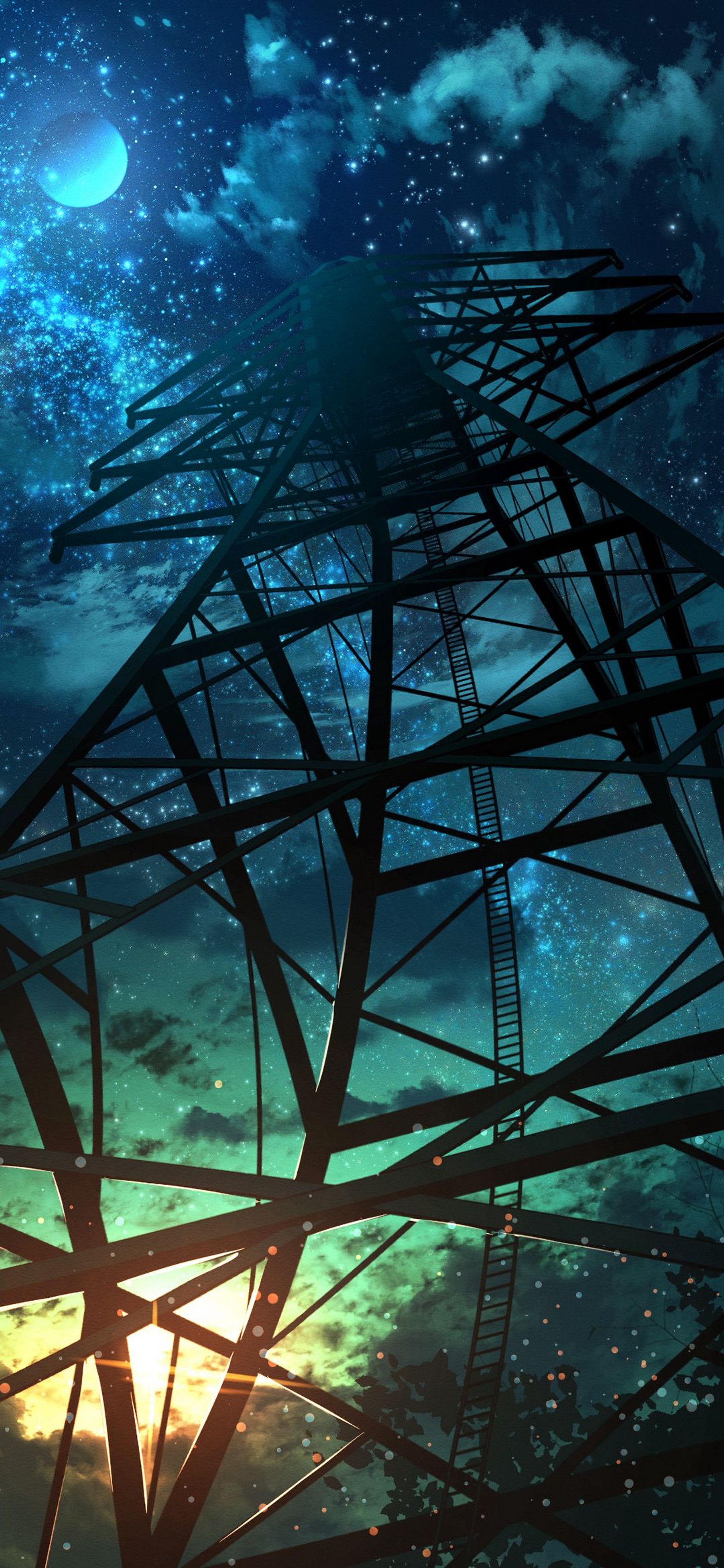 There is a picture of a night sky with a power line (construction, light, nature, water, electricity)