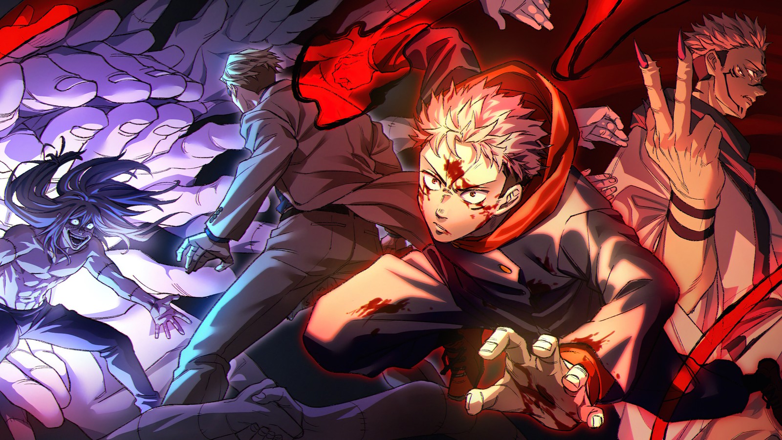 Un groupe de personnages anime avec les bras levés et l'un tenant une épée (jujutsu kaisen, combat de sorcellerie, 呪術廻戦, anime, yuji itadori)