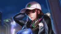 D.Va em paisagem urbana noturna: um retrato estiloso do personagem Overwatch