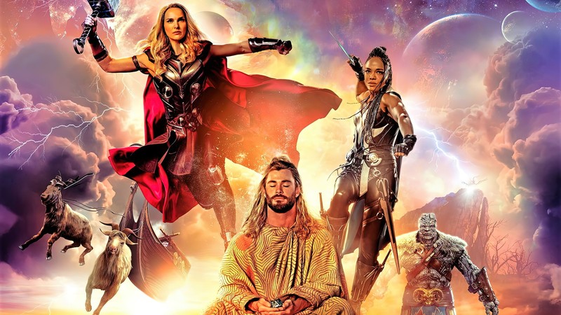 Группа людей в костюмах стоит перед небом (тор любовь и гром, thor love and thunder, фильм, 2022, джейн фостер)