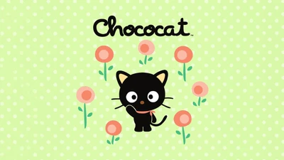 Chococat Surrounded by Flowers on a Polka Dot Green Background