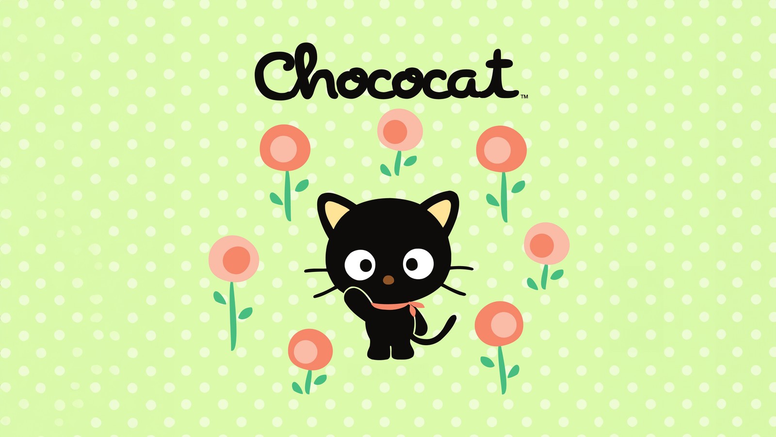 Крупный план кошки с цветком во рту (шоколадный кот, chococat, милый мультфильм, зеленый фон, горох)