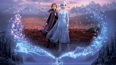 Frozen 2 Movie Poster: Elsa and Anna Amidst Enchanted Landscapes