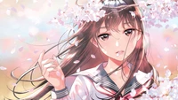 Anime Girl in School Uniform Surrounded by Cherry Blossoms