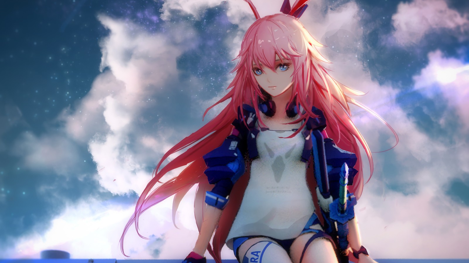 Une fille d'anime avec des cheveux roses assise sur une pierre avec une arme (filles danime, anime, cheveux roses, yae sakura, honkai impact 3rd)