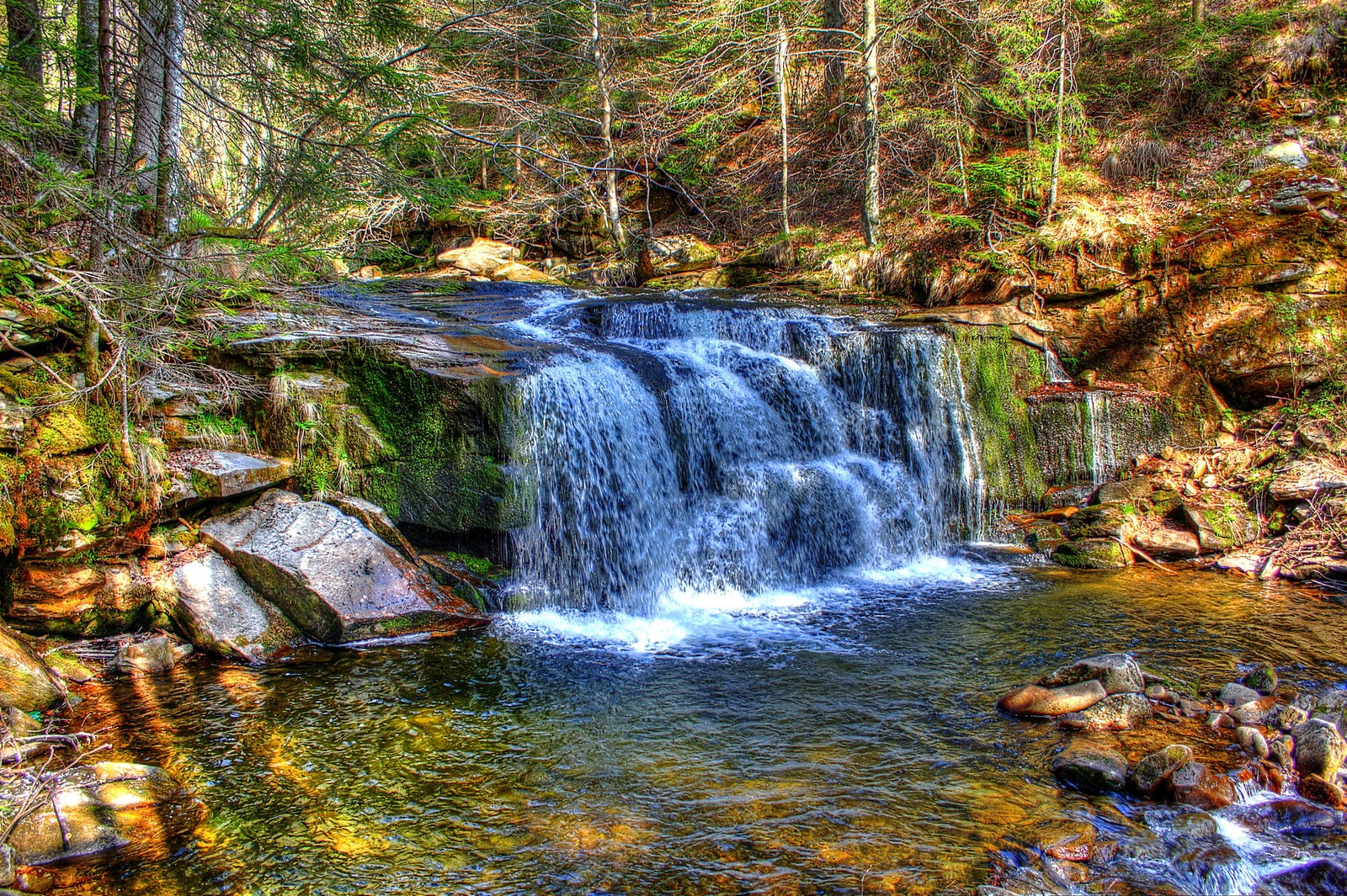 Eine nahaufnahme eines wasserfalls im wald mit steinen und bäumen (wasserfall, gewässer, natur, wasserressourcen, wasser)