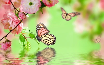 Mariposas Monarca entre flores rosas en la serenidad de la primavera