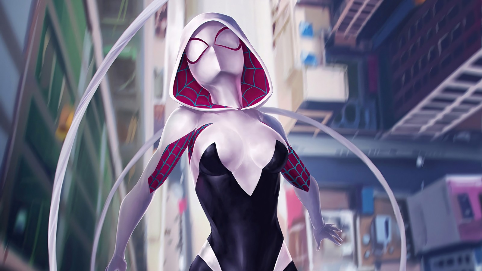 Spider - man in a black and white suit with a red hoodie (spider gwen, marvel comics, comics, superhero)