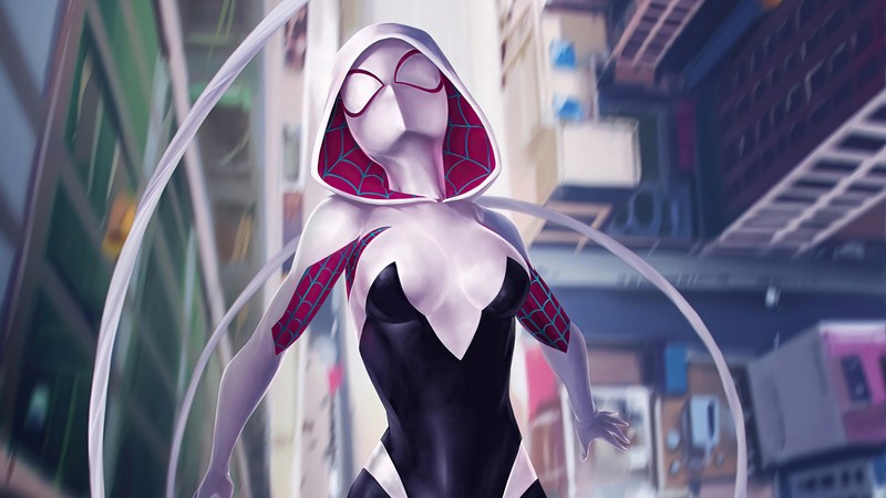 Человек-паук в черно-белом костюме с красным худи (гвен паук, spider gwen, marvel comics, комиксы, супергерой)