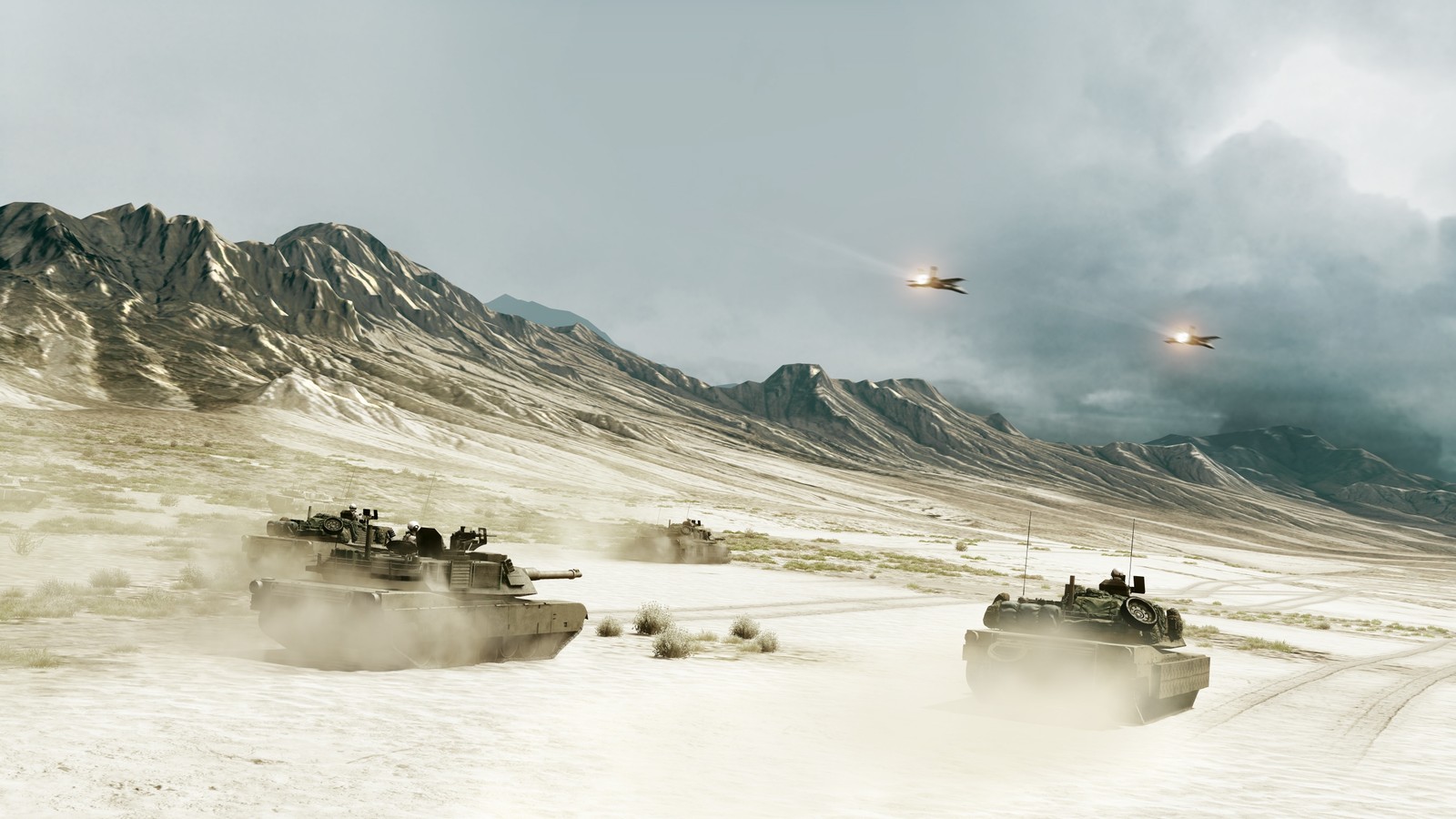 There are tanks that are flying over a mountain in the snow (electronic arts, battlefield bad company 2, sky, mountains, ea dice)