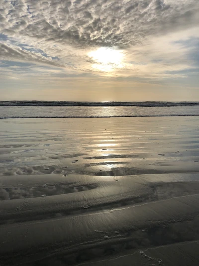 Calm Ocean Horizon with Sunlight Reflections and Cloudy Skies