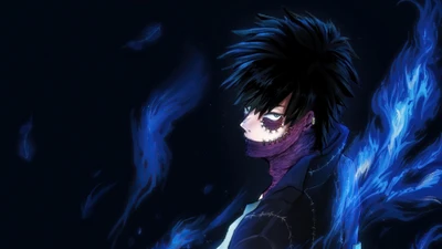 Dabi de Meu herói academia com uma aura escura e esfumaçada.