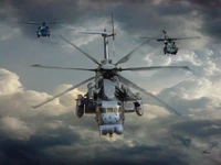 Military Helicopters in Formation Against a Dramatic Sky